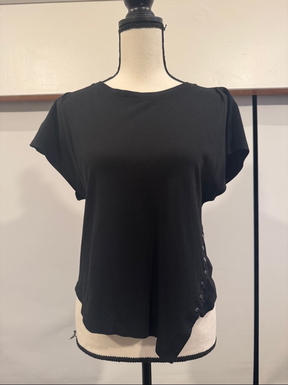 Anthropologie Black Short Sleeve Tee with Side Button Detail